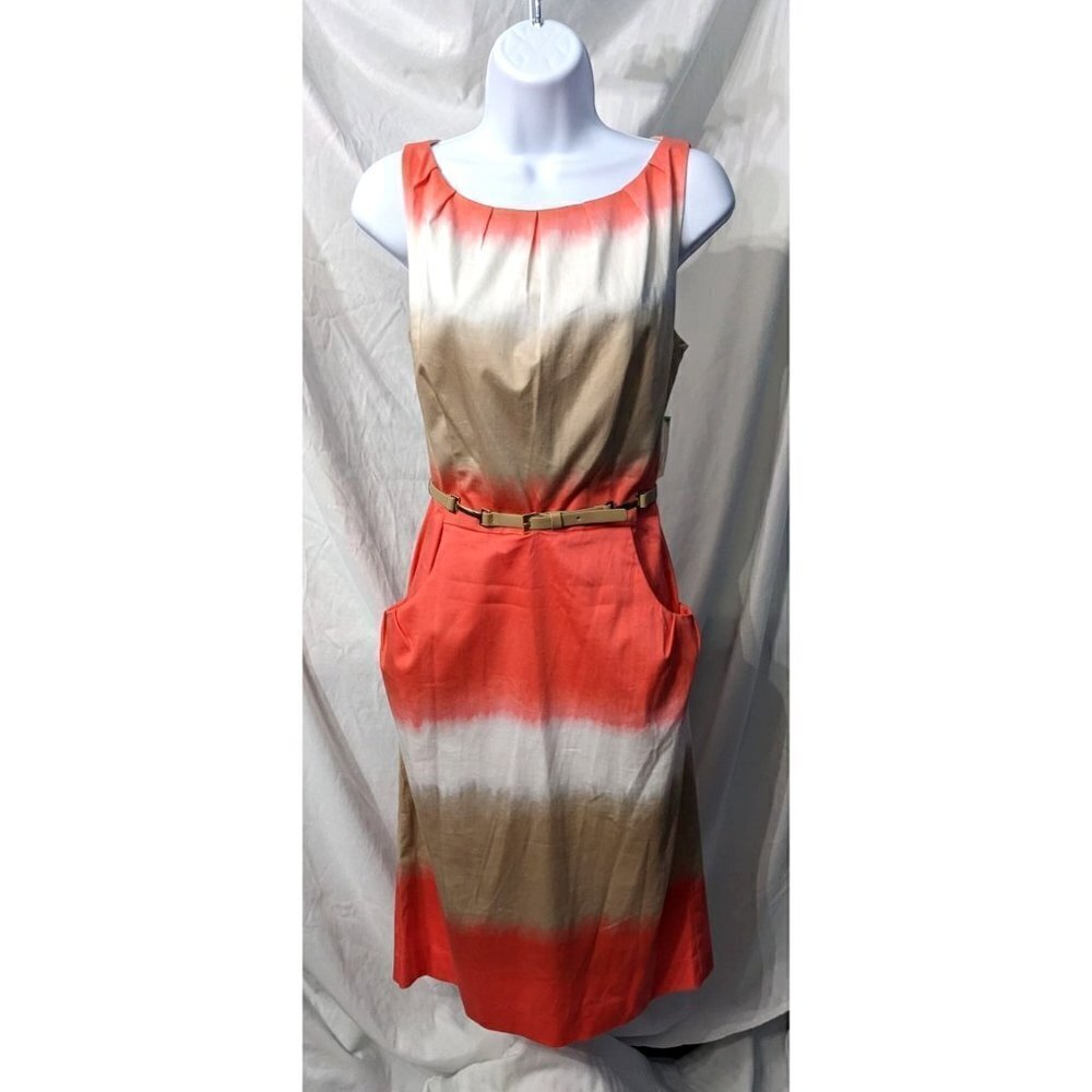 NWT NINE WEST 98% Cotton Coral Tan Belted Sheath Dress Sz 8 Sleeveless Tie Dye